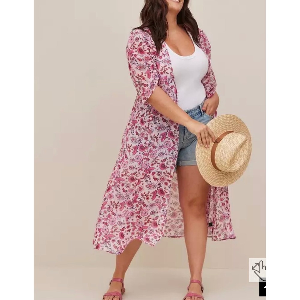 Torrid Pink Floral Chiffon Maxi Kimono Cover Up Metallic 1 xl boho dainty whimsi